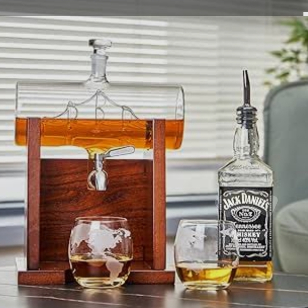 Jillmo Whiskey Decanter Dark Wood Glass Ship In A Bottle  Stainless Steel Silver